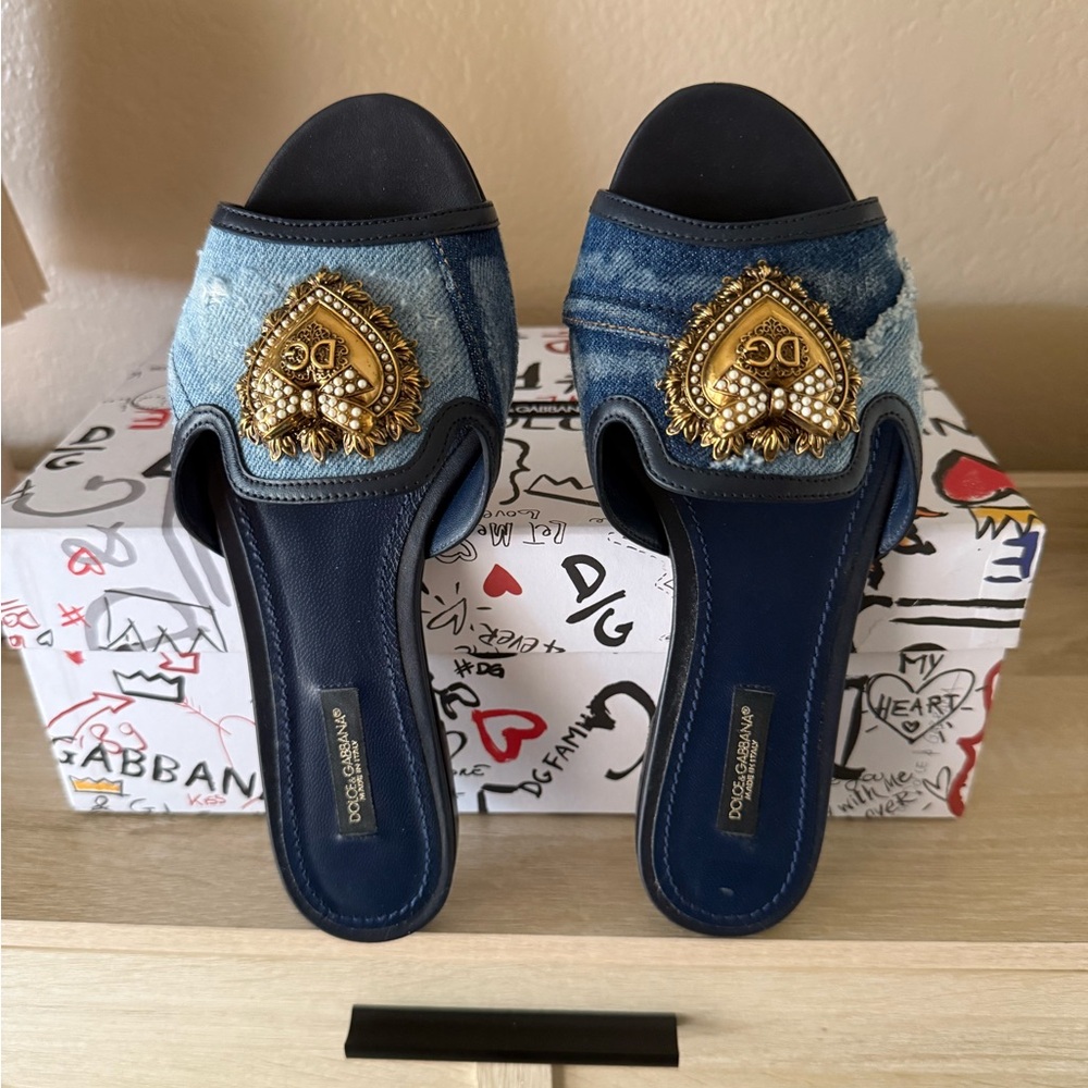 Dolce & Gabbana Denim Slides with Gold Embellishment